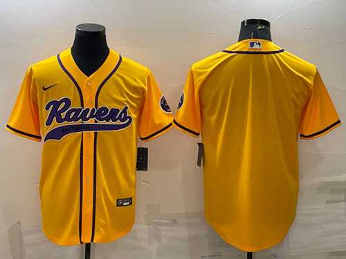 Men%27s Baltimore Ravens Blank Yellow With Patch Cool Base Stitched Baseball Jersey
